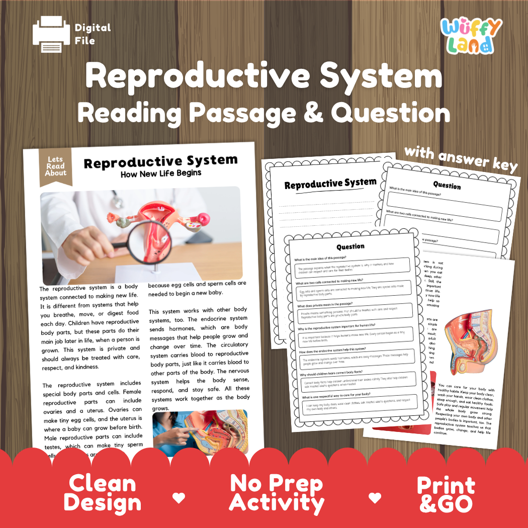 Reproductive system reading comprehension passage and questions printable activity pack with answer key for elementary students