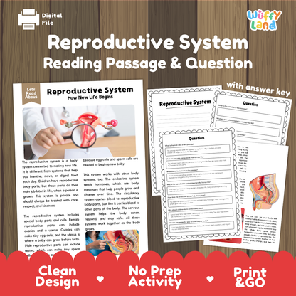 Reproductive system reading comprehension passage and questions printable activity pack with answer key for elementary students