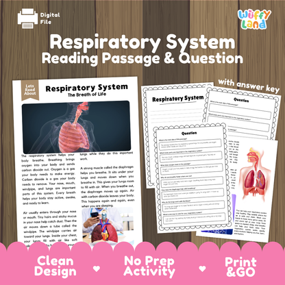 Respiratory system reading comprehension passage and questions printable activity pack with answer key for elementary students