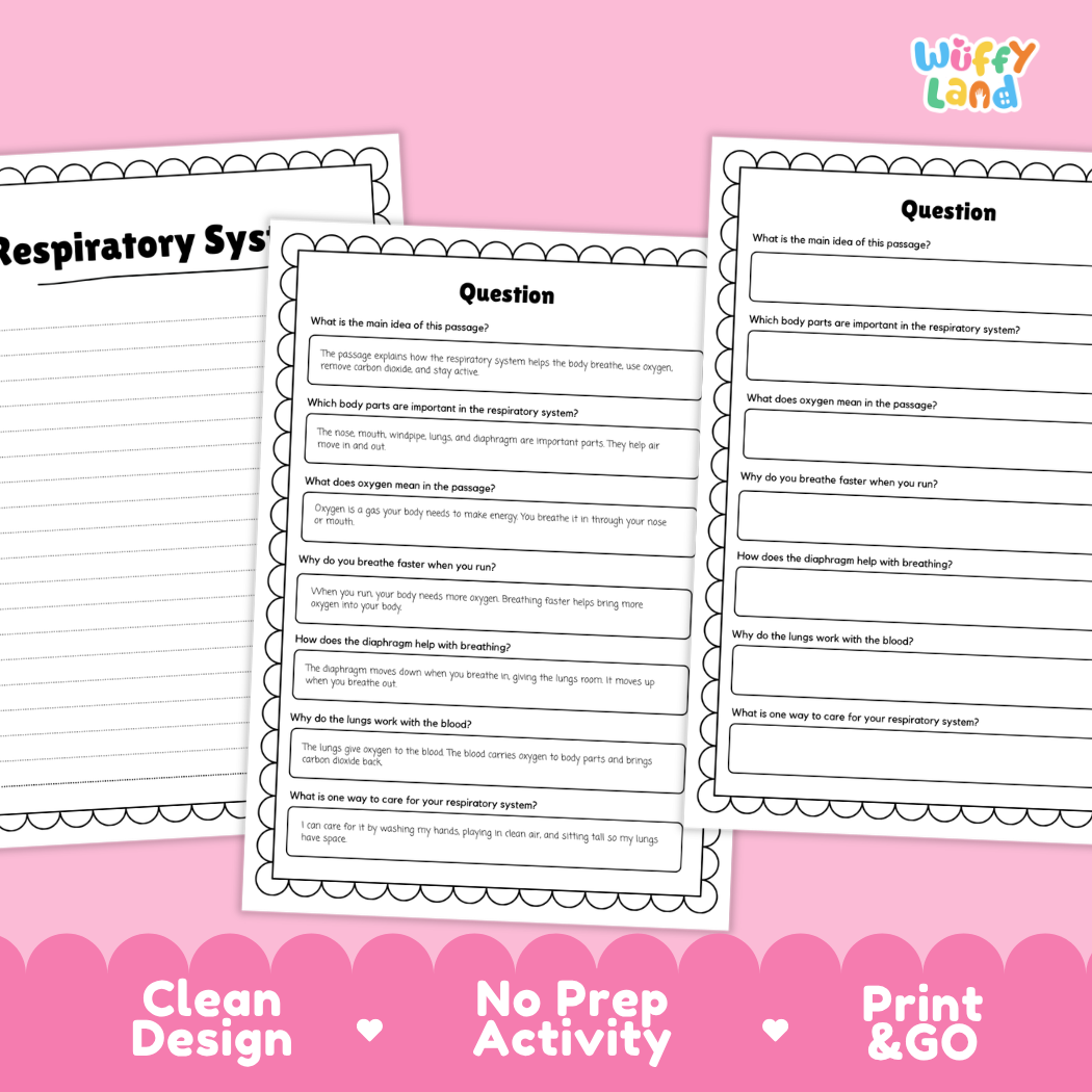 Informational reading passage page detailing the respiratory system lungs windpipe diaphragm breathing and health with diagrams