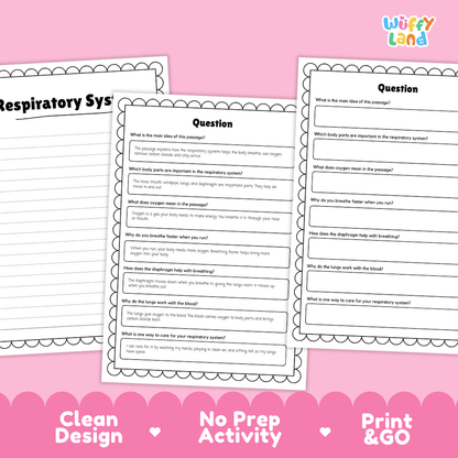 Informational reading passage page detailing the respiratory system lungs windpipe diaphragm breathing and health with diagrams