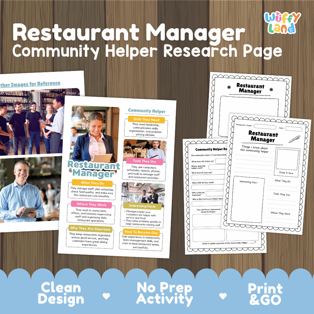 Restaurant manager community helper research page writing worksheets pack featuring real photos and student activity pages for elementary social studies and career lessons