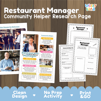 Restaurant manager community helper research page writing worksheets pack featuring real photos and student activity pages for elementary social studies and career lessons