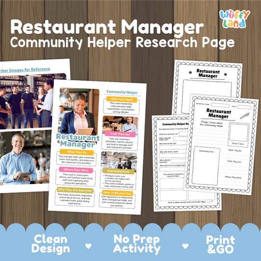 Restaurant manager community helper research page writing worksheets pack featuring real photos and student activity pages for elementary social studies and career lessons