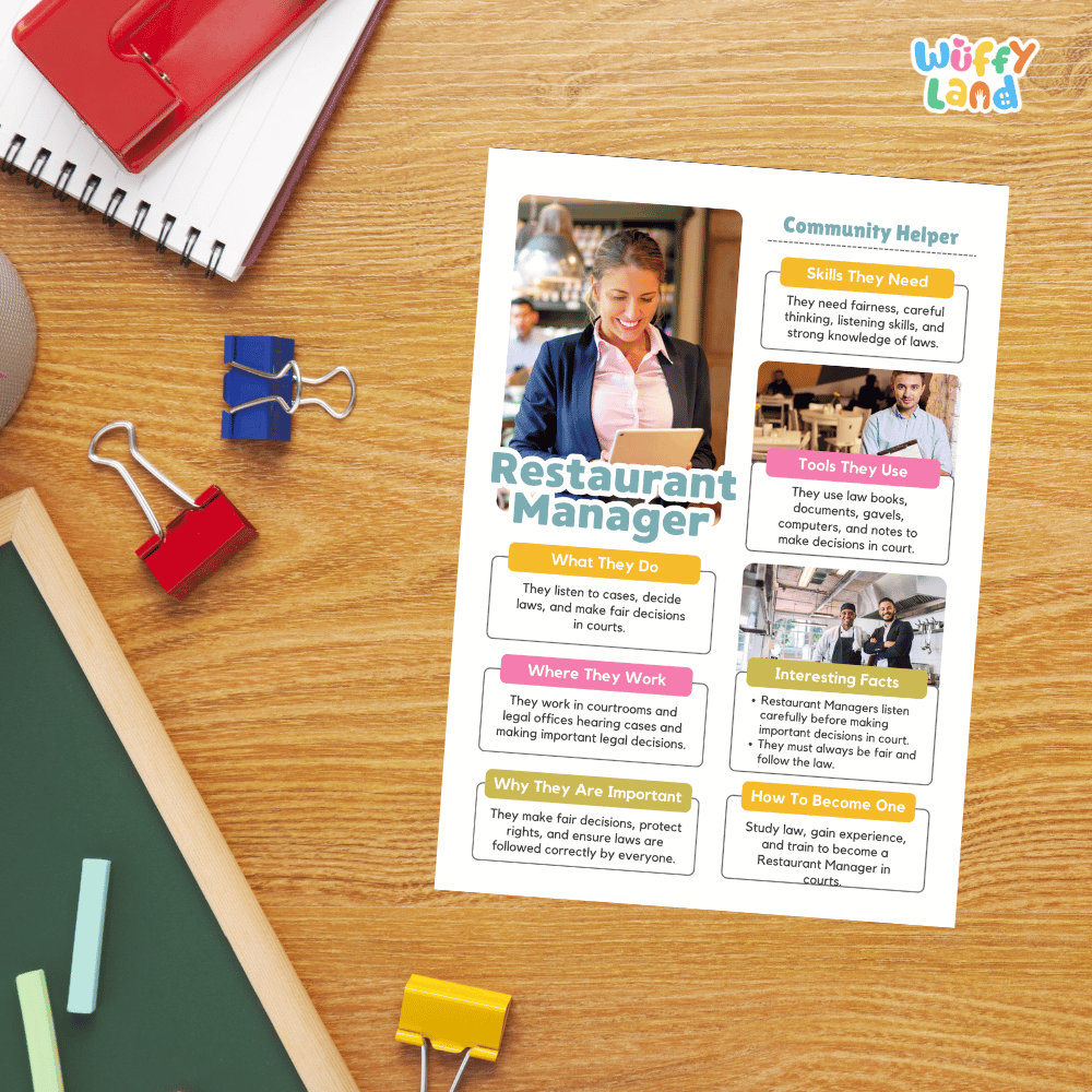 Guided student writing worksheets with lined sections for recording facts and a dedicated box for drawing or pasting a picture of a restaurant manager