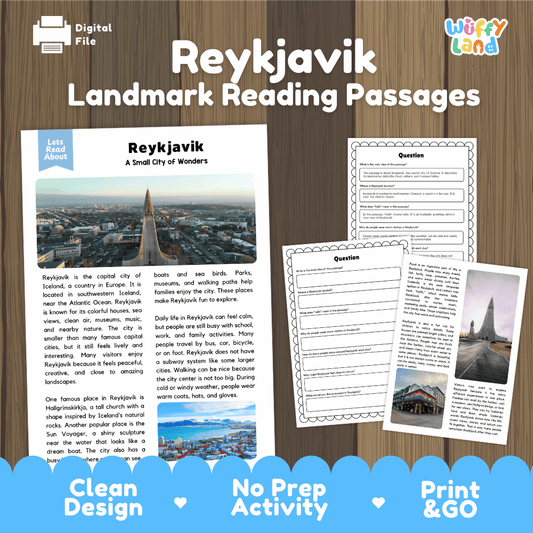 Reykjavik landmark reading passage and comprehension worksheet educational unit featuring nonfiction text and authentic Icelandic Hallgrimskirkja church photography