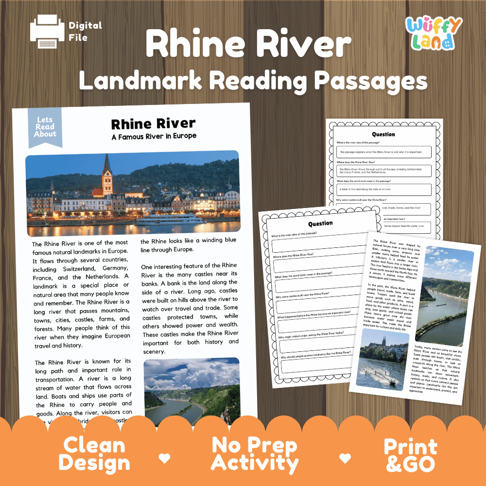 Rhine River Landmark Reading Passages and Comprehension Worksheets