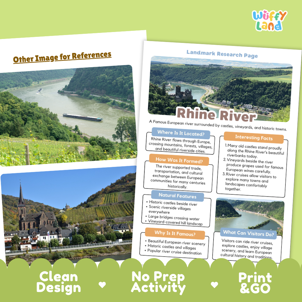 Two educational poster pages about the Rhine River displayed on a white background with a green decorative footer. The posters feature landscape photos of the river valley, a building scene, and text sections including 'Where is it located,' 'How was it formed,' 'Natural features,' 'Why is it famous,' and 'What can visitors do.