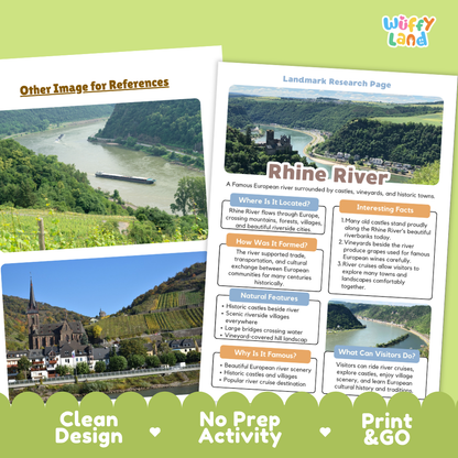 Two educational poster pages about the Rhine River displayed on a white background with a green decorative footer. The posters feature landscape photos of the river valley, a building scene, and text sections including 'Where is it located,' 'How was it formed,' 'Natural features,' 'Why is it famous,' and 'What can visitors do.