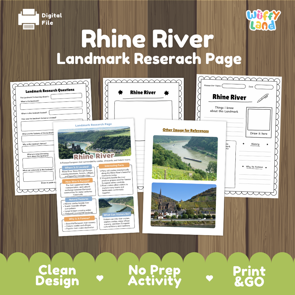 Digital preview of a Rhine River Landmark Research Page activity sheet set on a wood background, with three worksheet pages and one reference image page shown. The brand name 'Wiffy Land' appears in the top right, and a 'Digital File' label is in the top left.