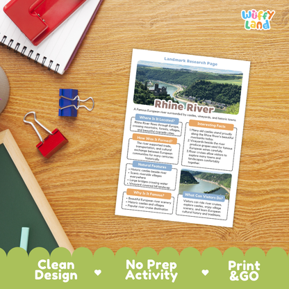 A printed worksheet titled 'Rhine River' laid on a wooden desk, surrounded by school supplies including a red notebook, binder clips, and a green chalkboard. The worksheet has a clean layout with a landscape photo and text sections.