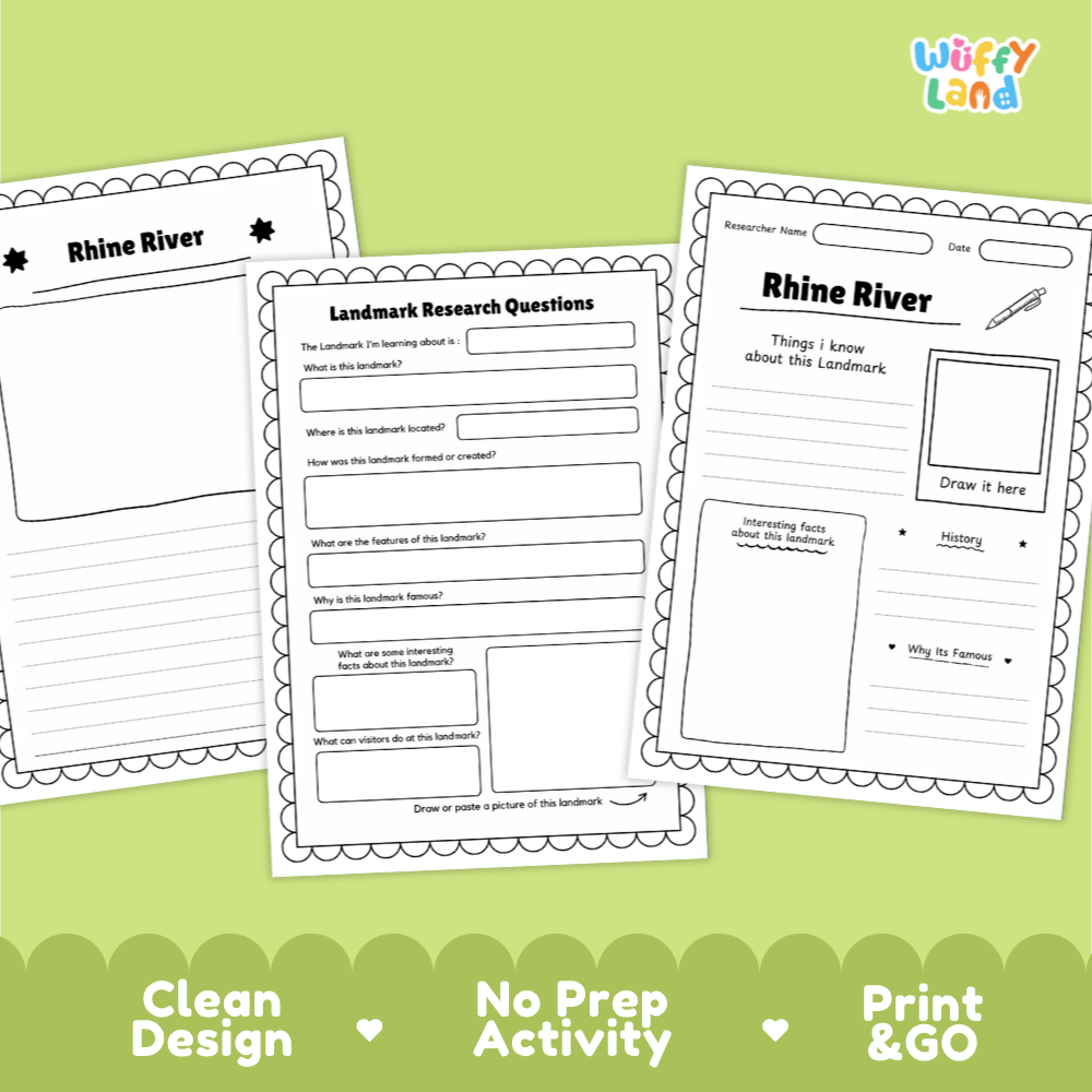 Three printable Rhine River activity worksheets are shown overlapping on a light green background with promotional text at the bottom. The worksheets have black scalloped borders and printed sections for research questions, a title, a drawing box, and writing prompts.