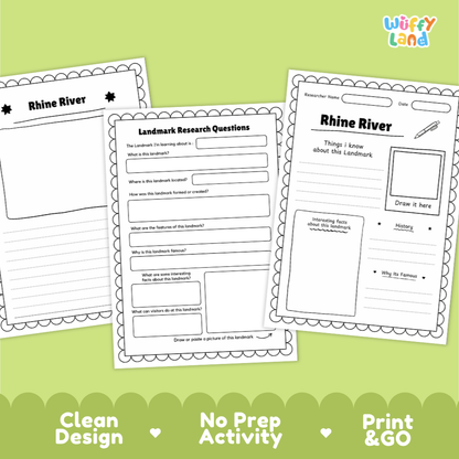 Three printable Rhine River activity worksheets are shown overlapping on a light green background with promotional text at the bottom. The worksheets have black scalloped borders and printed sections for research questions, a title, a drawing box, and writing prompts.