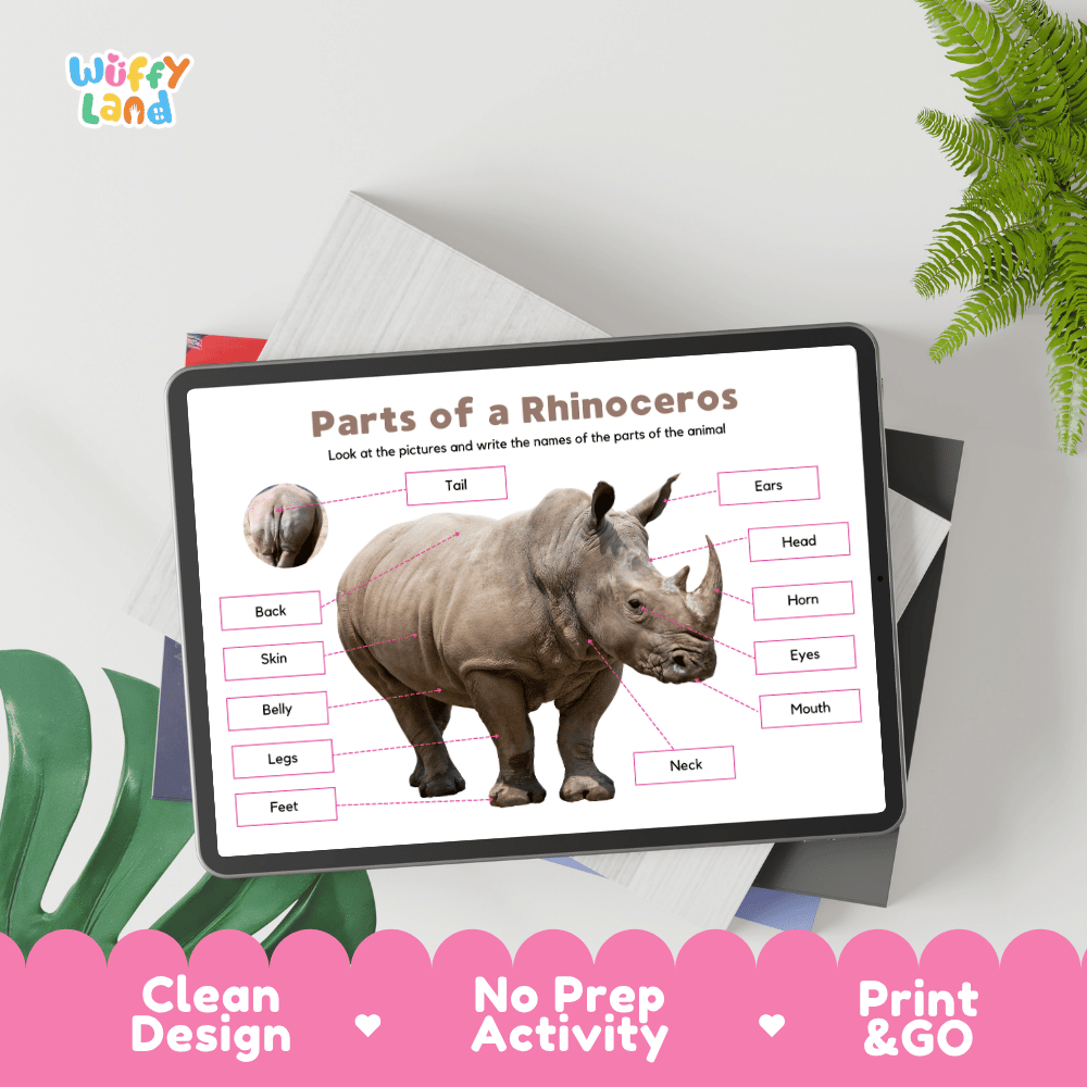 Educational cut and paste rhinoceros anatomy worksheet with printable word cutout tiles for head, ears, horn, feet, and tail.