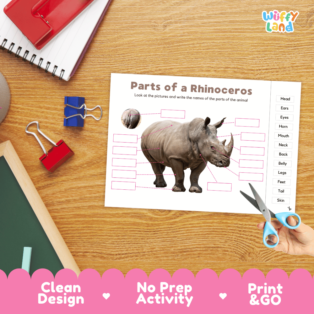 Printable animal body parts worksheet showing a realistic rhinoceros with blank labeling boxes and a vocabulary word bank for writing practice.