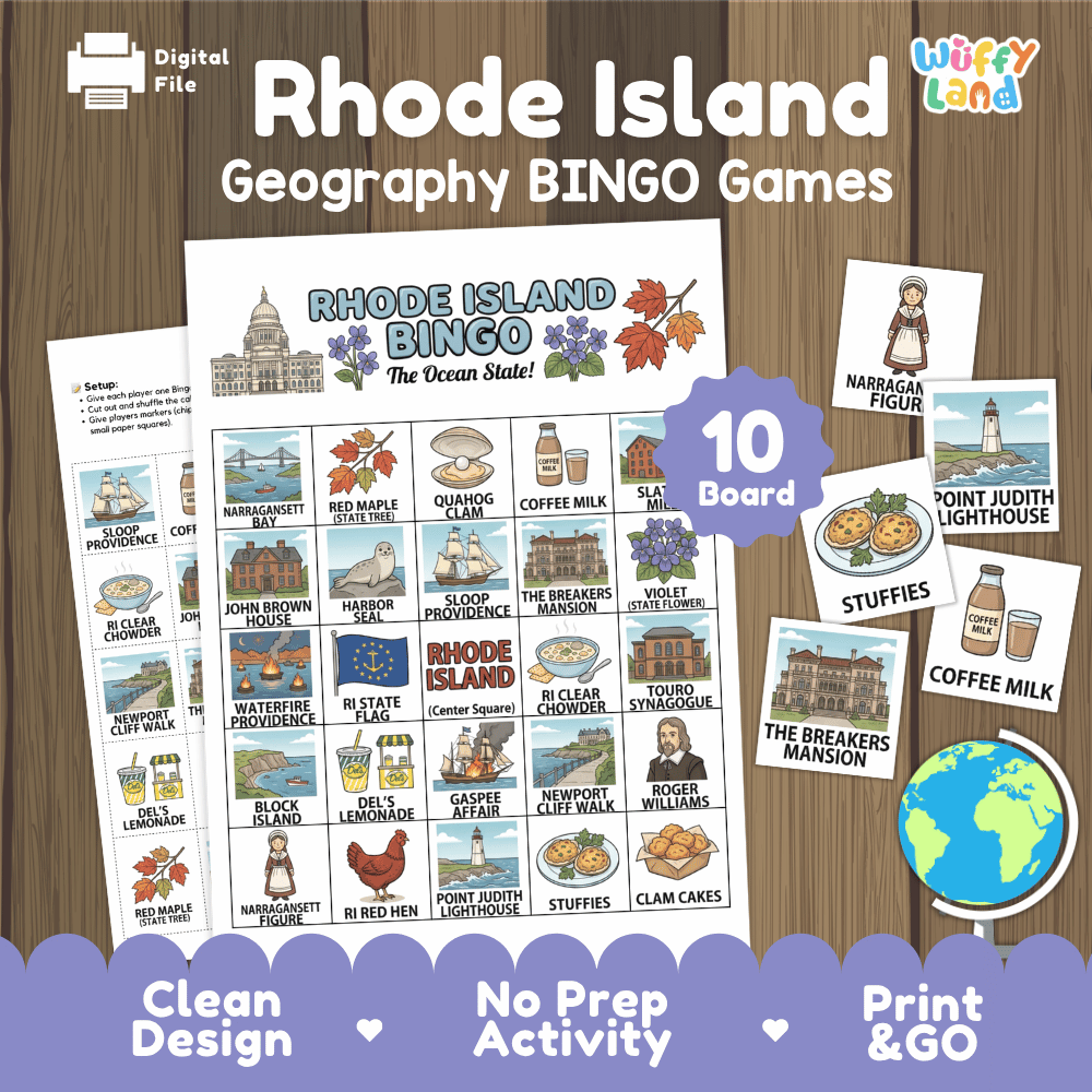 Rhode Island Geography BINGO Game Ocean State Activity Printable Boards