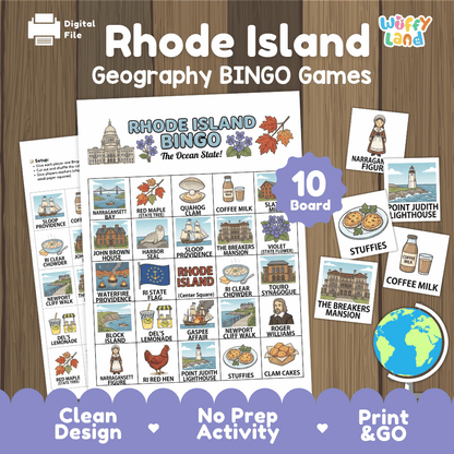 Rhode Island Geography BINGO Game Ocean State Activity Printable Boards