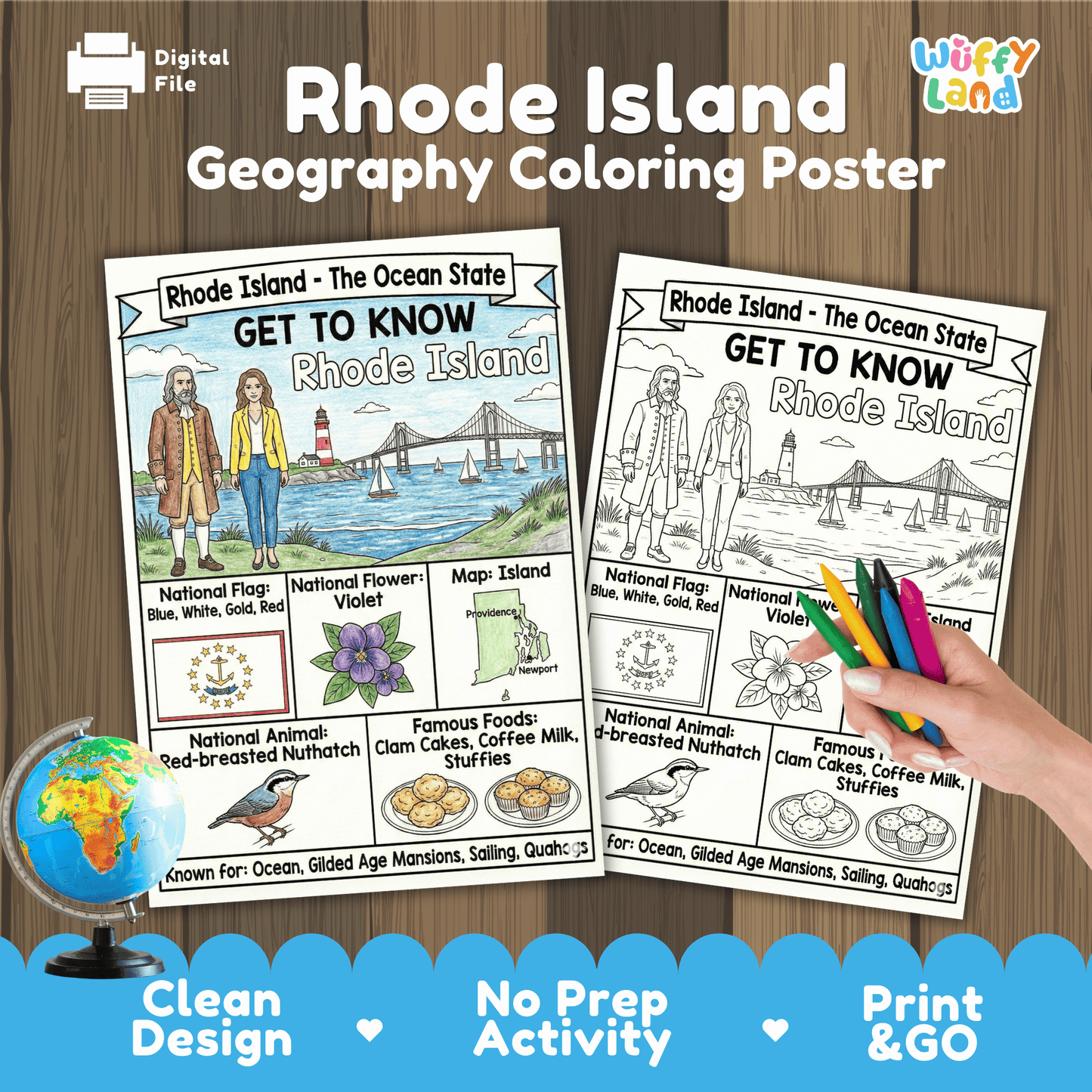Rhode Island State Study Geography Coloring Page Worksheet Activity | USA