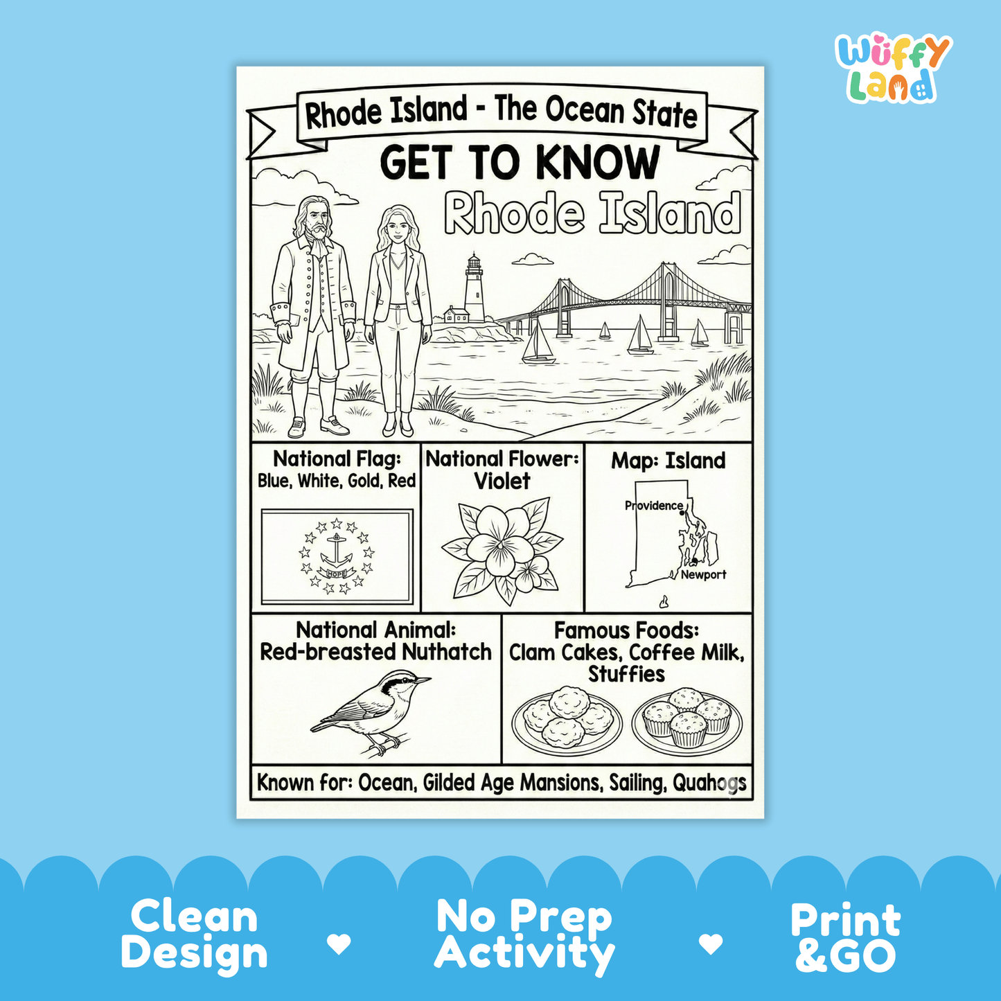 Rhode Island State Study Geography Coloring Page Worksheet Activity | USA
