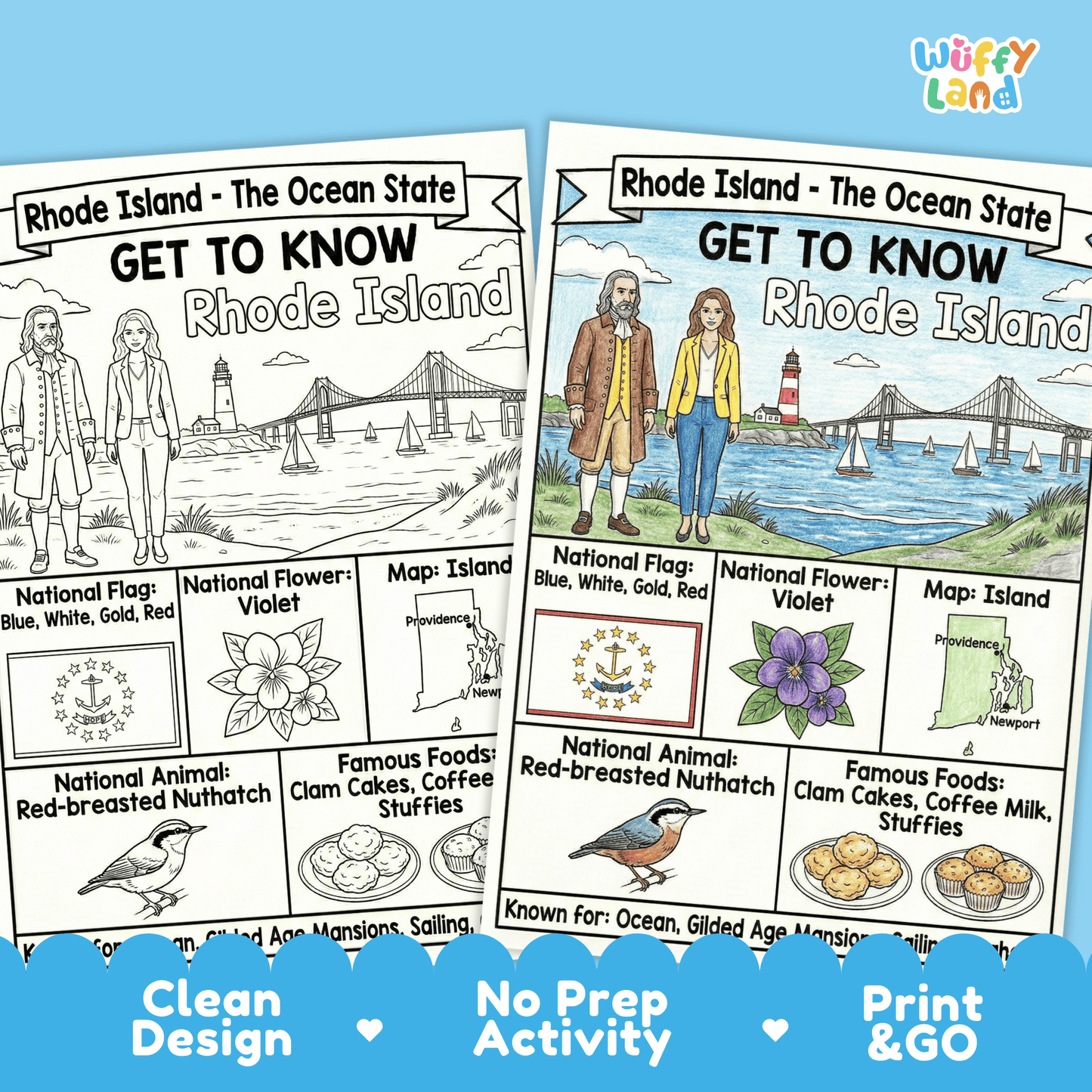 Rhode Island State Study Geography Coloring Page Worksheet Activity | USA