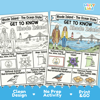 Rhode Island State Study Geography Coloring Page Worksheet Activity | USA