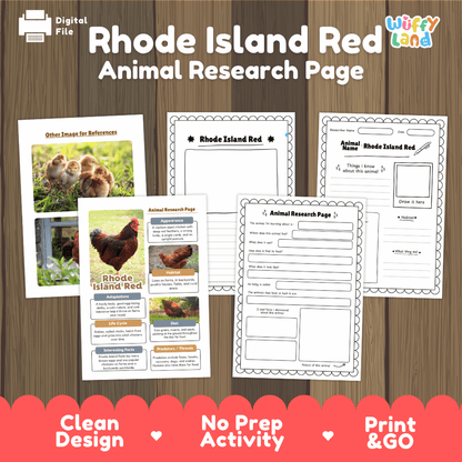 Rhode Island Red Animal Research Worksheets and Informational Fact Sheets
