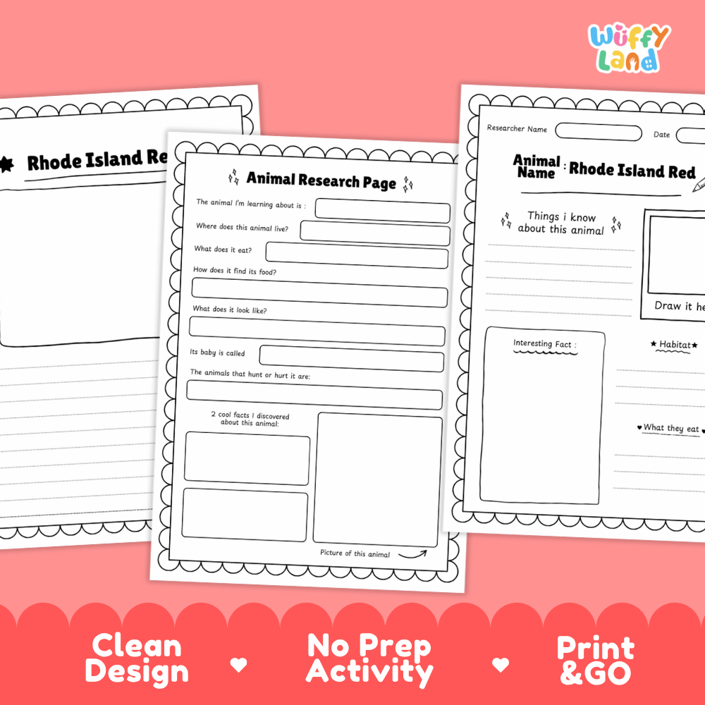 Rhode Island Red Animal Research Worksheets and Informational Fact Sheets