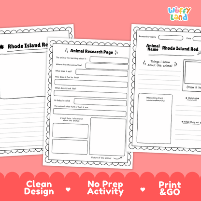 Rhode Island Red Animal Research Worksheets and Informational Fact Sheets