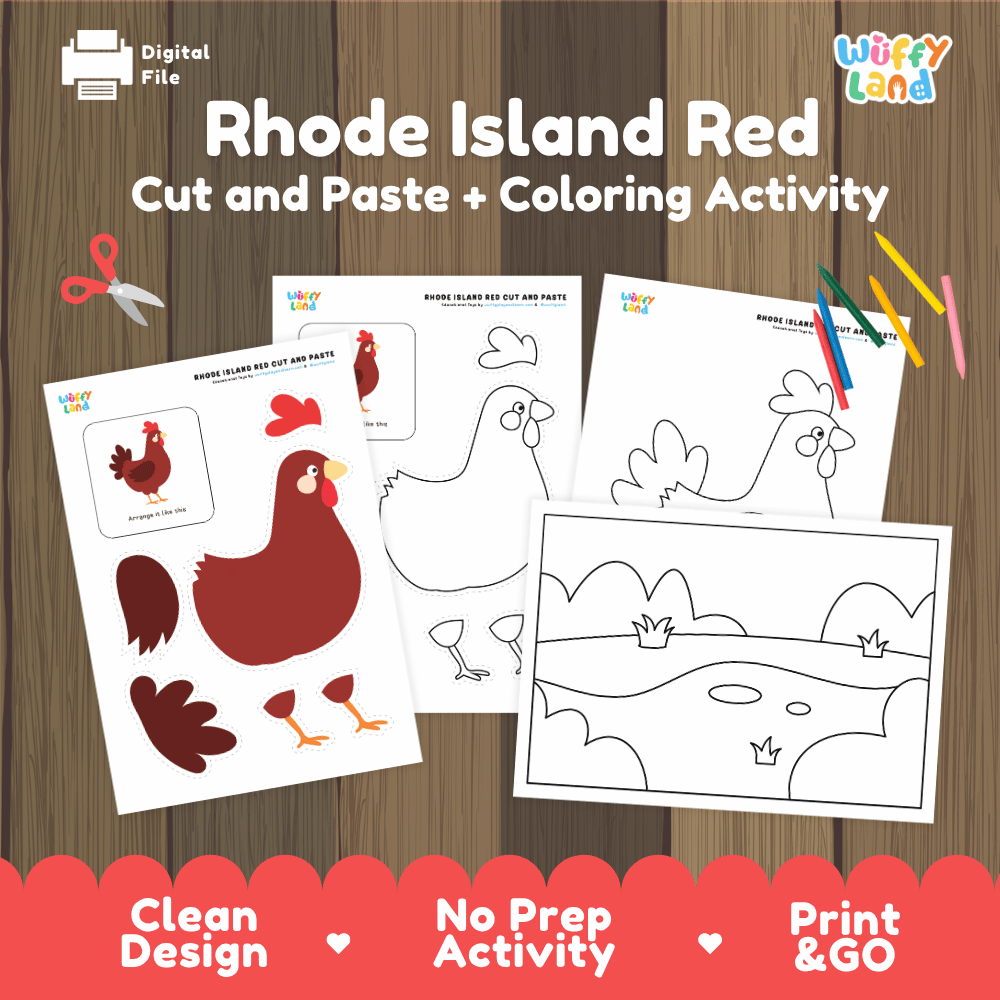 Rhode Island Red Cut and Paste Craft and Coloring Activity Worksheets