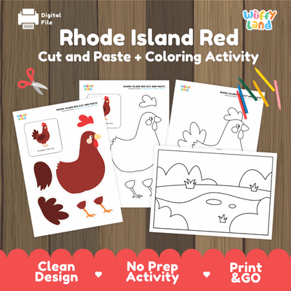 Rhode Island Red Cut and Paste Craft and Coloring Activity Worksheets