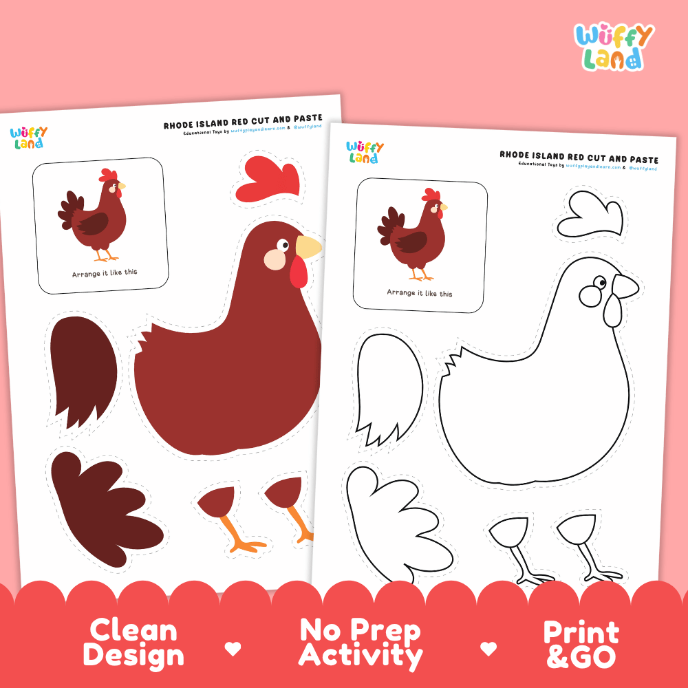 Rhode Island Red Cut and Paste Craft and Coloring Activity Worksheets