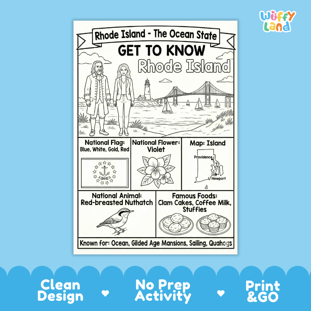 Rhode Island State Geography Coloring Poster | US States Study Research Worksheet Activity