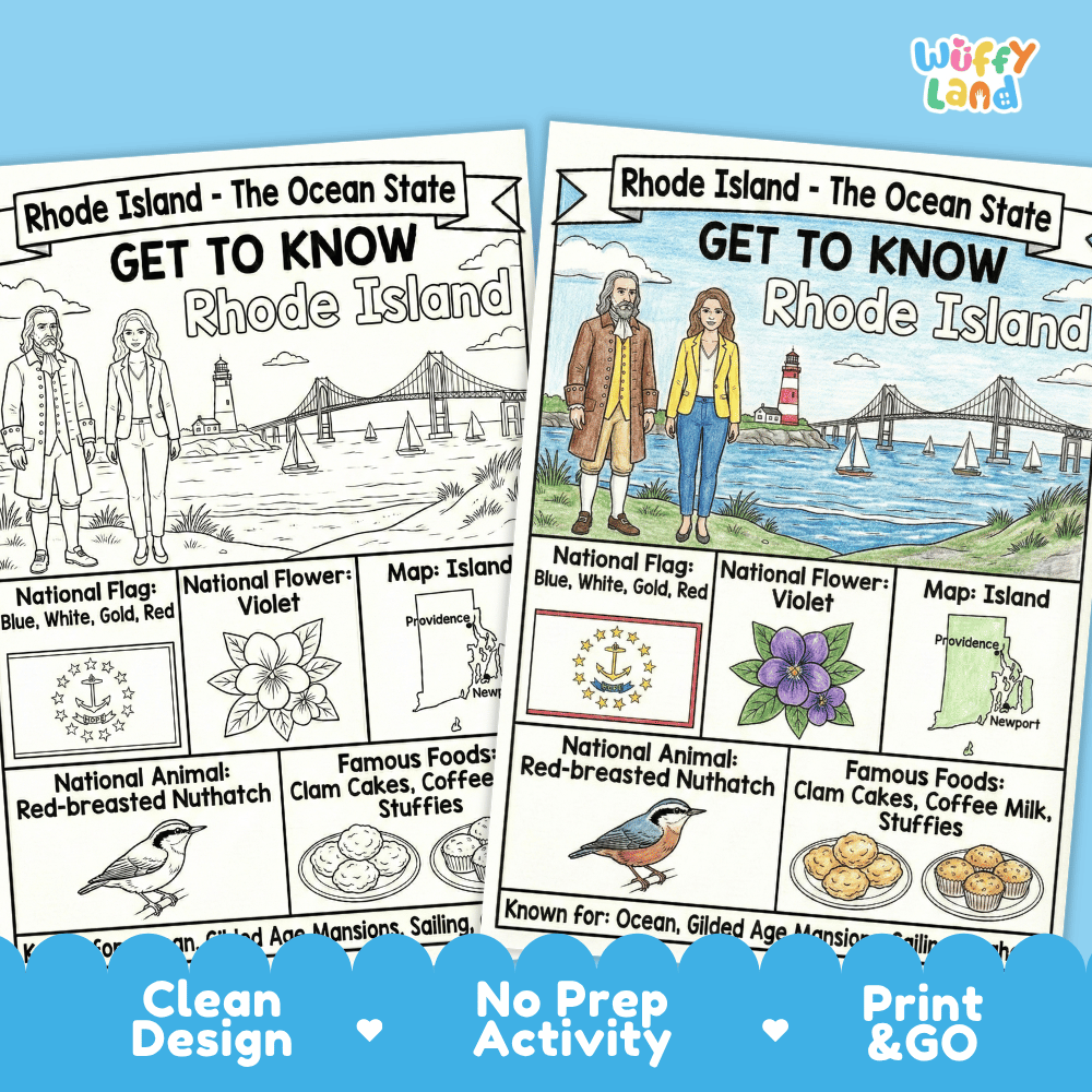 Rhode Island State Geography Coloring Poster | US States Study Research Worksheet Activity
