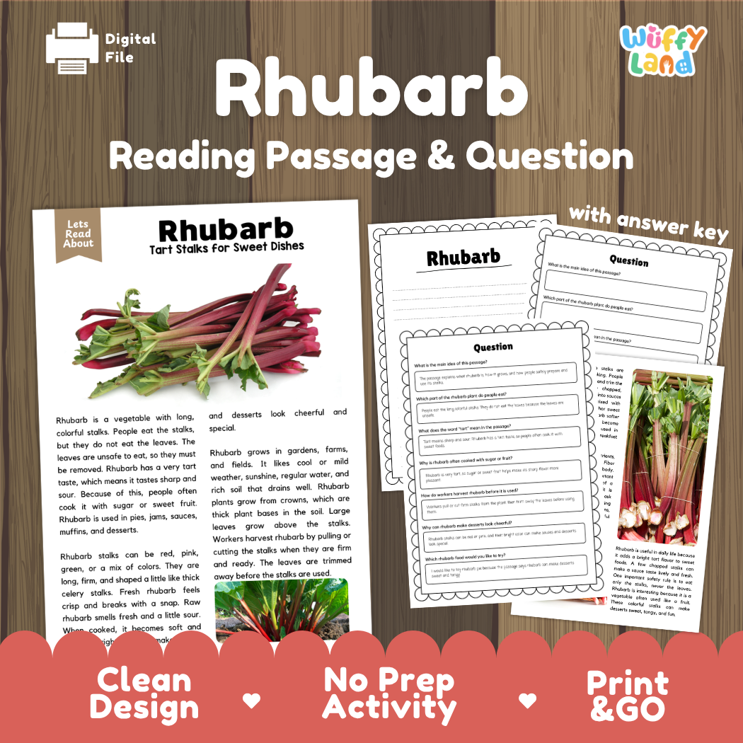 Rhubarb reading comprehension passage and questions printable activity pack with answer key for elementary students