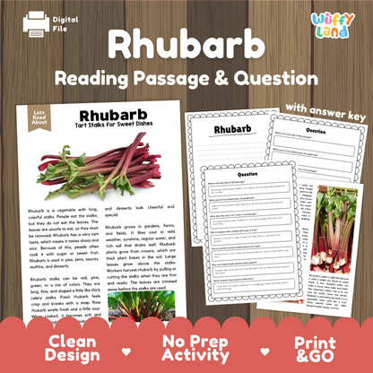 Rhubarb reading comprehension passage and questions printable activity pack with answer key for elementary students