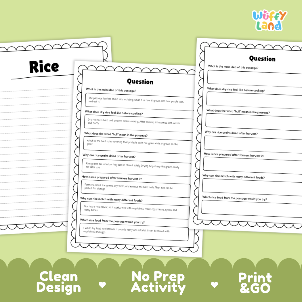 Rice Reading Passage and Comprehension Questions Worksheets with Answer Key