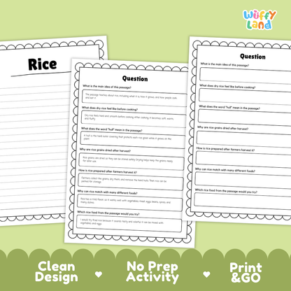 Rice Reading Passage and Comprehension Questions Worksheets with Answer Key