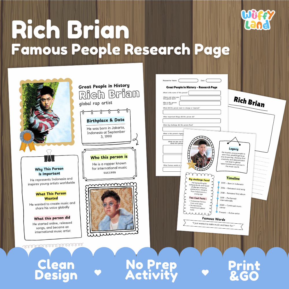 Rich Brian biography research worksheets pack featuring graphic organizers, timeline activity, and student writing template