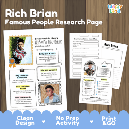 Rich Brian biography research worksheets pack featuring graphic organizers, timeline activity, and student writing template