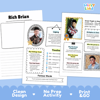Great People in History student fact profile card detailing Rich Brian's birthplace, rap music career, and international achievements