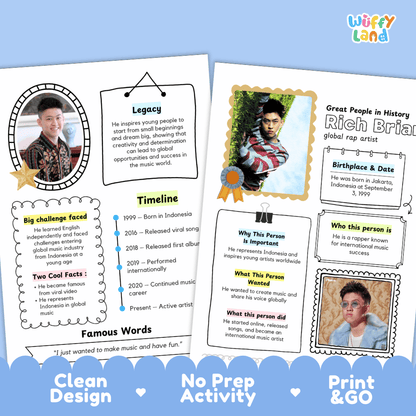 Educational biography summary worksheet featuring a chronological timeline, famous quote, and lined student writing page