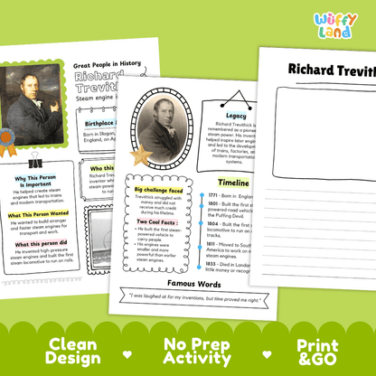 Educational poster and activity sheet set about Richard Trevithick, shown as printable educational materials on a green background with 'Clean Design', 'No Prep Activity', and 'Print & GO' text.