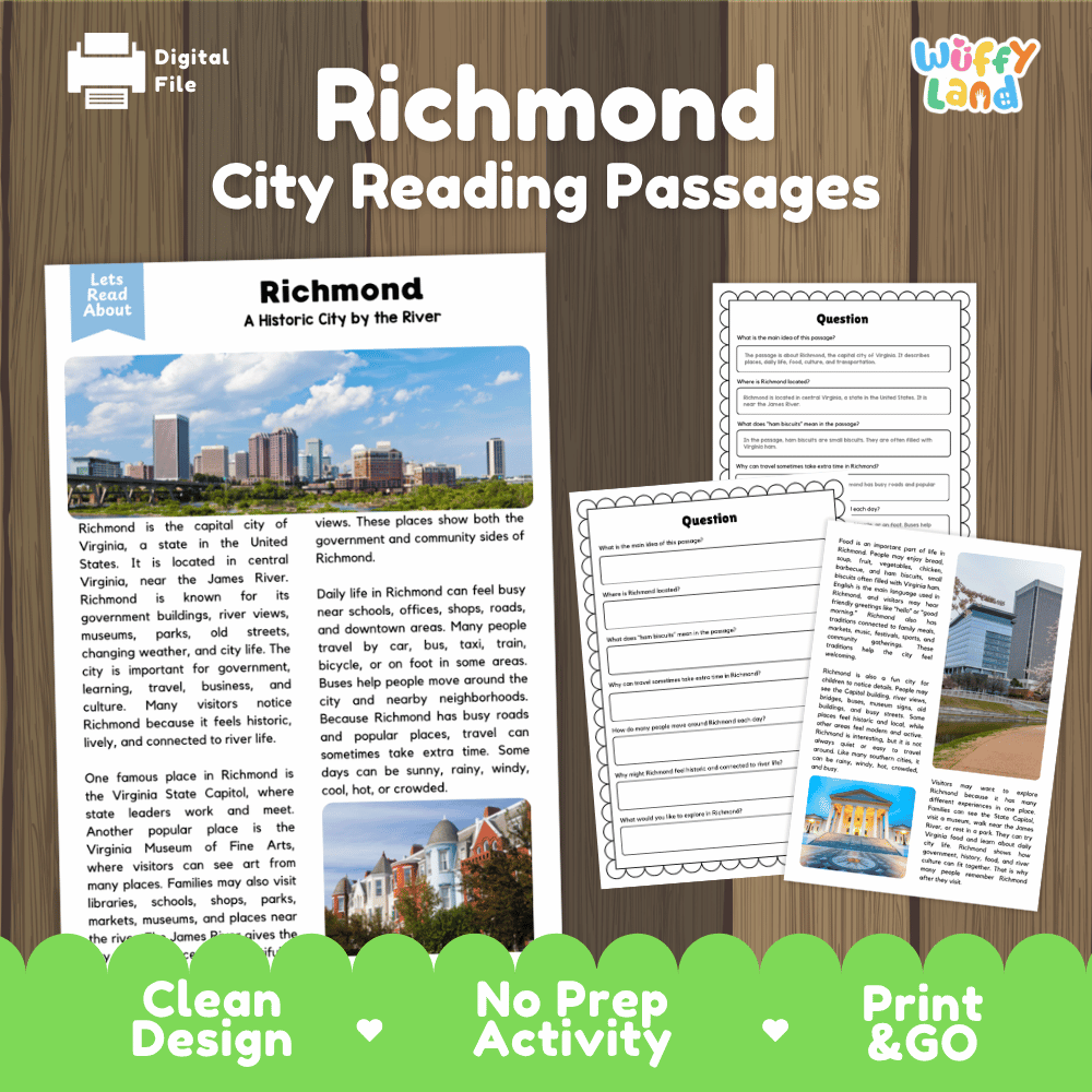 Richmond city reading passages and comprehension worksheet educational unit featuring nonfiction text and authentic Richmond Virginia skyline and river photography