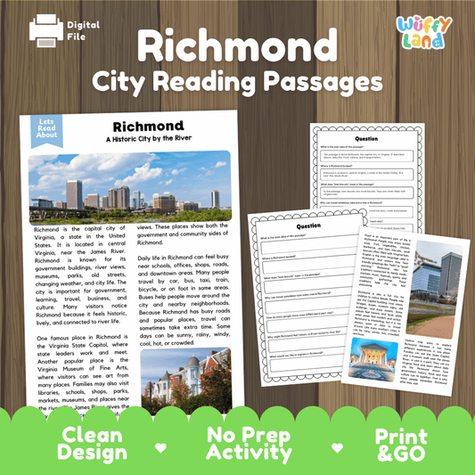 Richmond city reading passages and comprehension worksheet educational unit featuring nonfiction text and authentic Richmond Virginia skyline and river photography