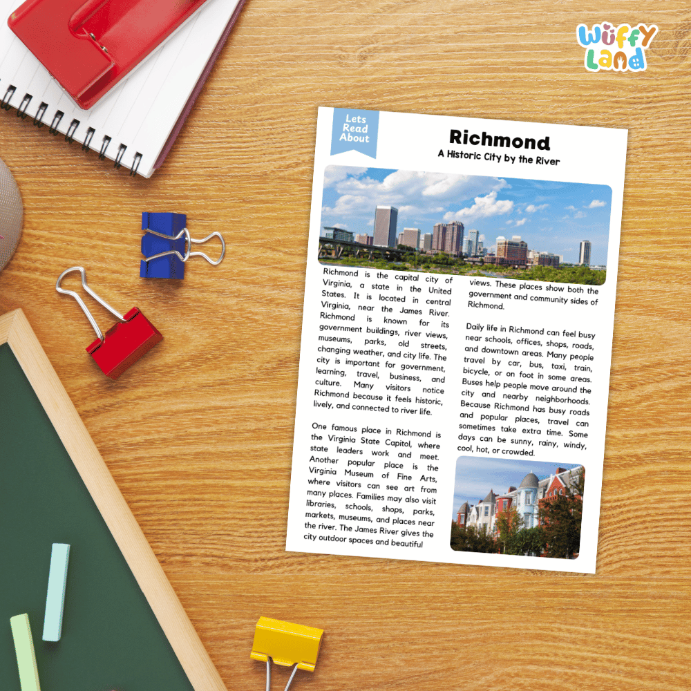 Lined reading comprehension question worksheet covering main ideas vocabulary terms and landmark facts about Richmond Virginia