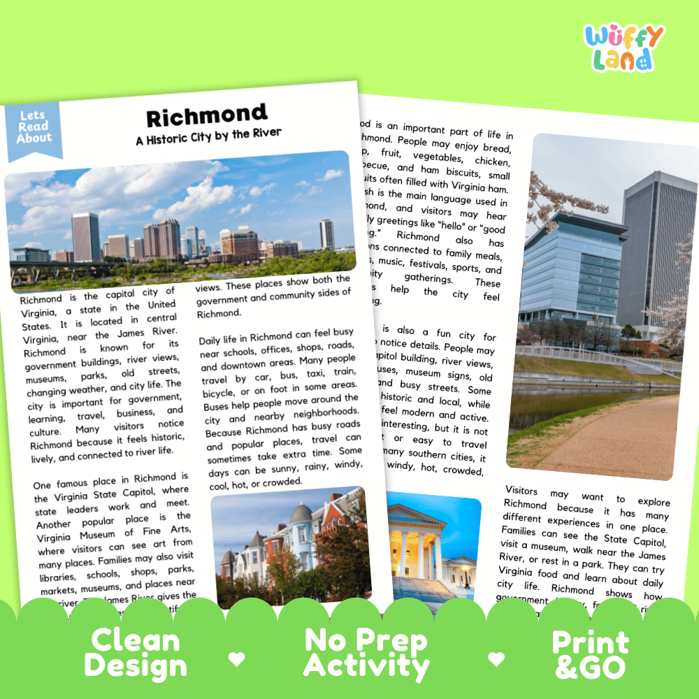 Reference sheet and answer key for Richmond landmark reading passage displaying completed comprehension answers and United States geography facts