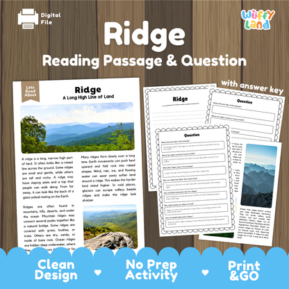 Ridge landform reading comprehension passage and questions printable activity pack with answer key for elementary students
