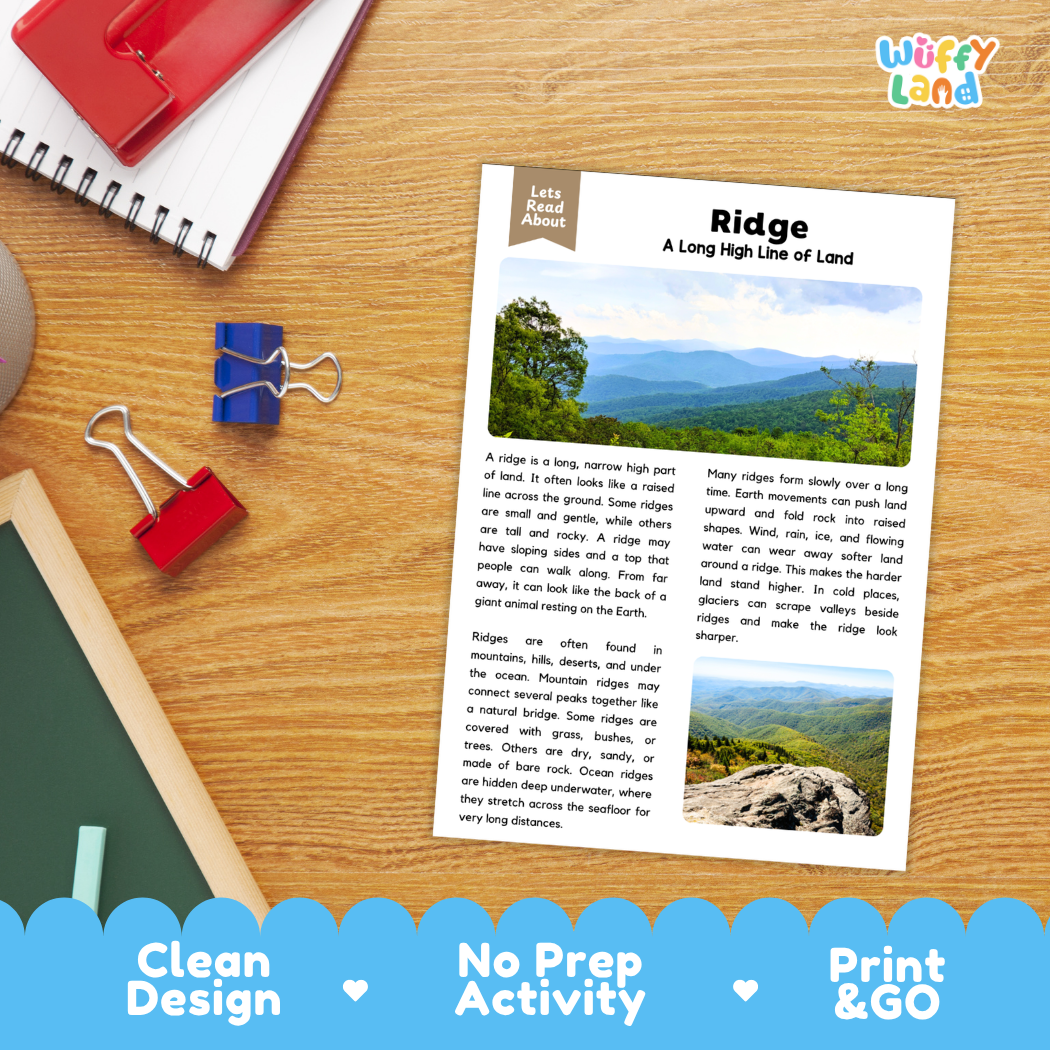Student reading comprehension worksheet with short-answer questions and handwriting lines about ridges