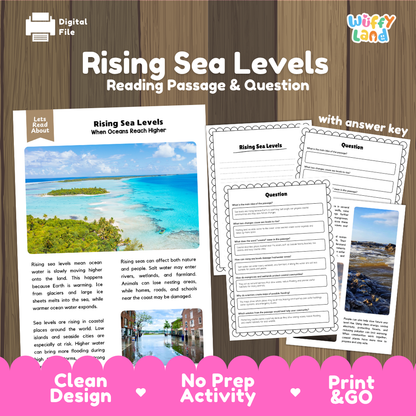 Rising Sea Levels reading comprehension passage and questions printable activity pack with answer key for elementary students