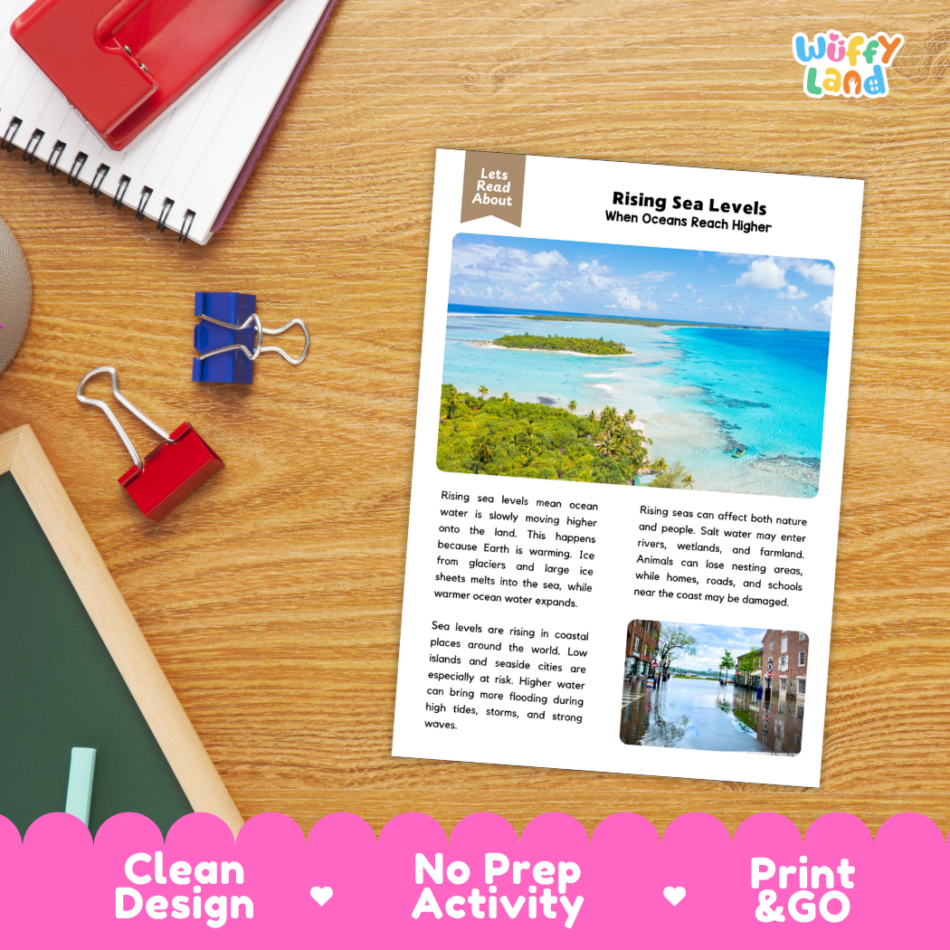 Student reading comprehension worksheet with short-answer questions and lined sections about rising sea levels